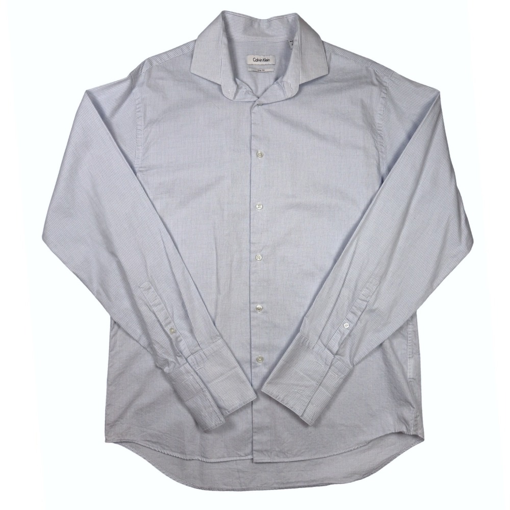 Calvin Klein Men Slim Fit Dress Shirt Blue Gingham Check Long Sleeve‎ 16 34/35